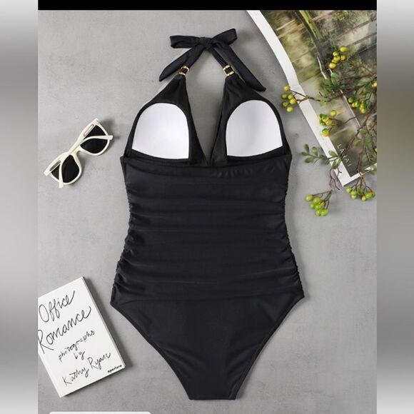 Black Halter Backless Ruched One Piece Swimsuit. - Picture 5 of 6